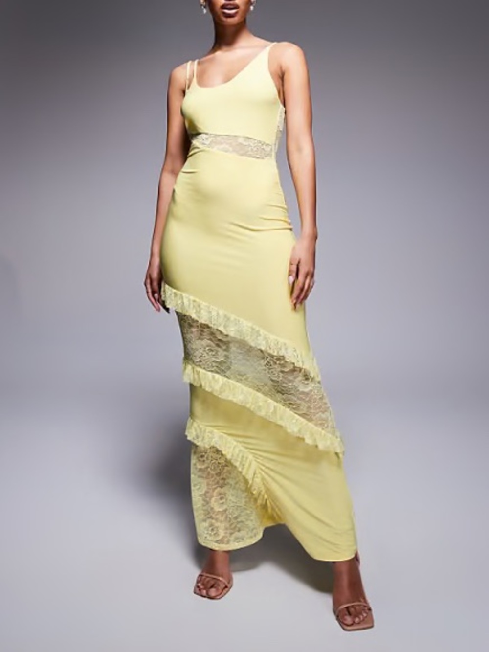 ASOS Cami Strap Lace Panel Maxi Dress Ruffle Detail Pastel Butter Yellow 12 NEW